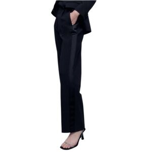 Zara Black Satin-Stripe Straight-Leg Trousers